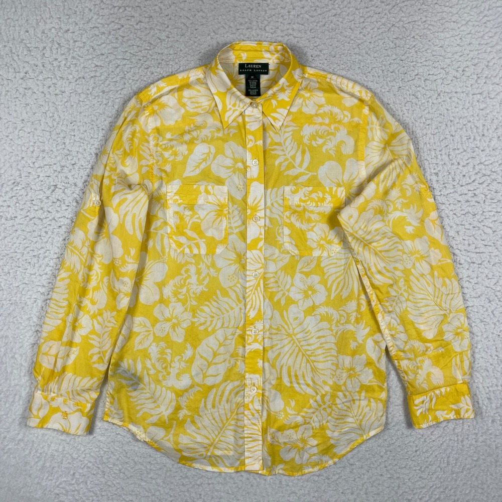 Lauren Ralph Lauren Button Down Shirt Women Medium Yellow Floral Tropical Cotton